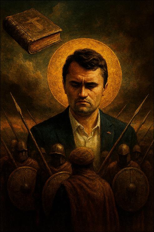 MAGA's Psychological Warfare: Charlie Kirk with saint halo and the MAGA warriors around him.