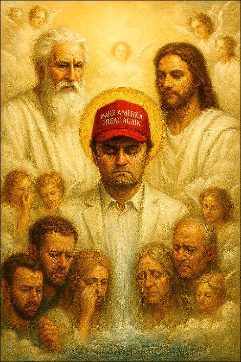Charlie Kirk in heaven with god, Jesus and angels, below humans are crying.