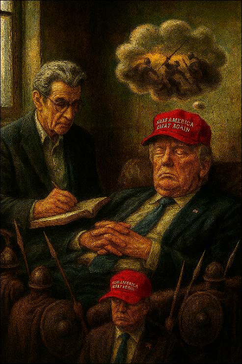 MAGA's Psychological Warfare: Lacan psychoanalizing Trump with a MAGA hat on his hat fantasizing about war.