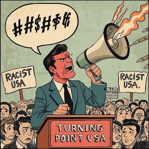 Who Really Killed Charlie Kirk: Senad Dizdarevic Reveals the Shocking Karmic Truth Behind the Assassination. A speaker speaking with hate, and a crowd protest. 
