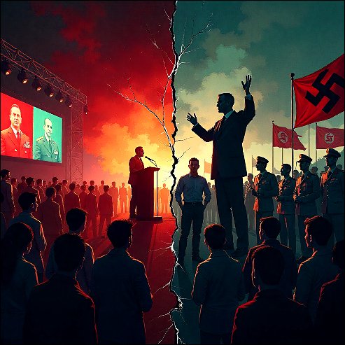 Who Really Killed Charlie Kirk: Senad Dizdarevic Reveals the Shocking Karmic Truth Behind the Assassination. Two speakers before crowds, on the one side, nazi flag. 