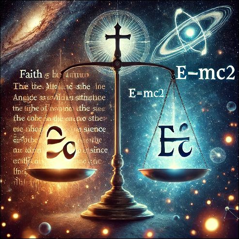 Faith and science symbols side by side.
