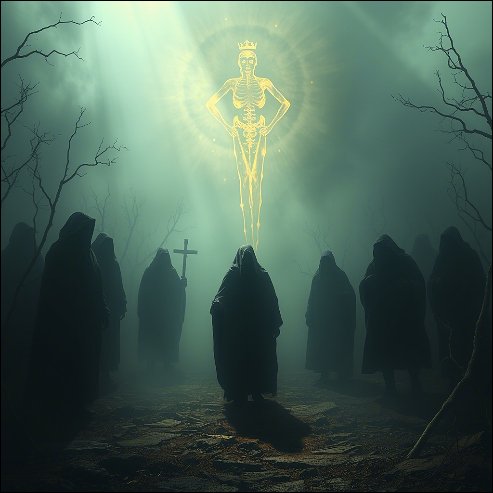 First Valid Evidence God Does Not Exist: A group of ancient believers holding a cross and starring at energy creature.