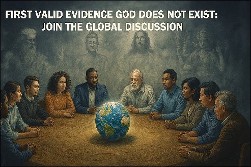 First Valid Evidence God Does Not Exist: A group of people sitting a the table, Earth in the middle, and gods disappearing in the fog.
