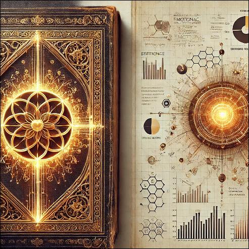 Religious book and science paper side by side.
