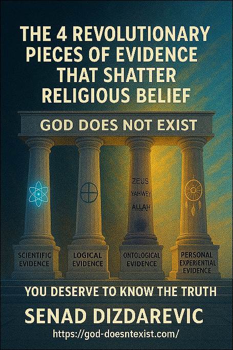 Four pillars with inscriptions of attributes of Senad Dizdarevic four pieces of evidence that god does not exist.