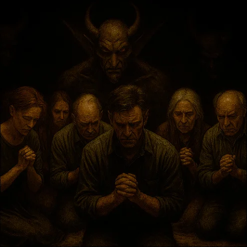 God Does NOT Exist Books Free: A group of people on their knees praying and a demon behind them. 