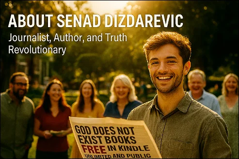 God Does NOT Exist Books Free: A young man is holding a newspaper in front of the group of people. 