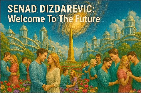 A group of happy people in the futuristic city.