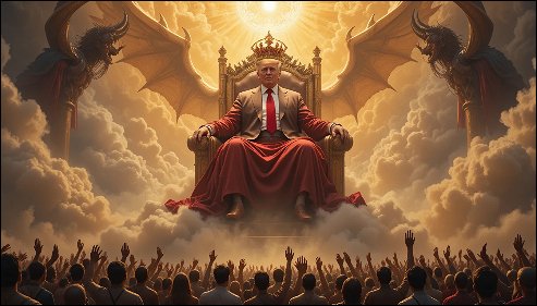 Trump sitting on divine throne with demons around him and MAGA believers at his feet.