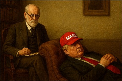 Freud and Trump on the couch wearing MAGA hat.