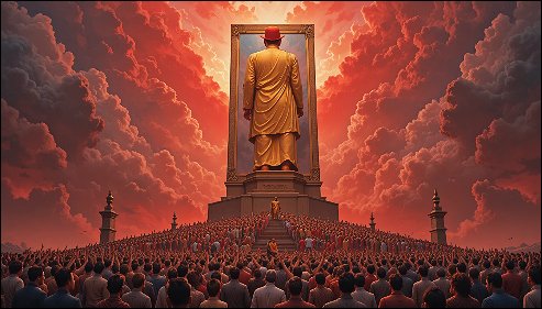 Trump watching himself in the giant mirror with MAGA believers below him.