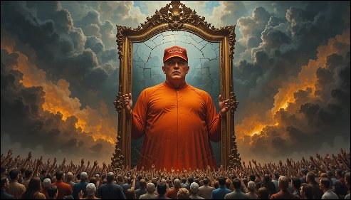 Trump in the giant mirror with his MAGA believers below.