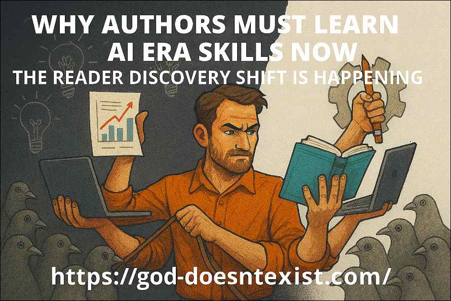 A man with the five hands reading, and working at the same time.