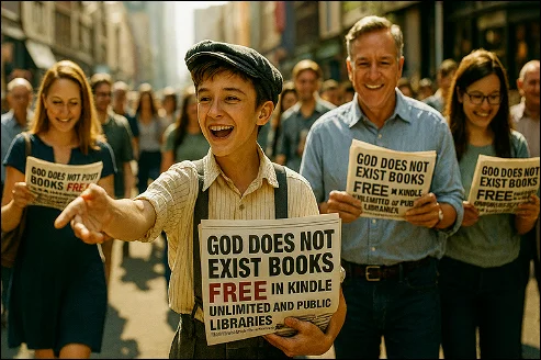 A paperboy delivering newspapers on the street with a news about the new book series God Does NOT Exist by Senad Dizdarevic