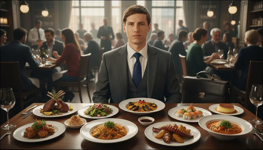 Best AI Visibility Strategy for Authors 2026: A man in a business clothes at the table full with dishes in a restaurant.