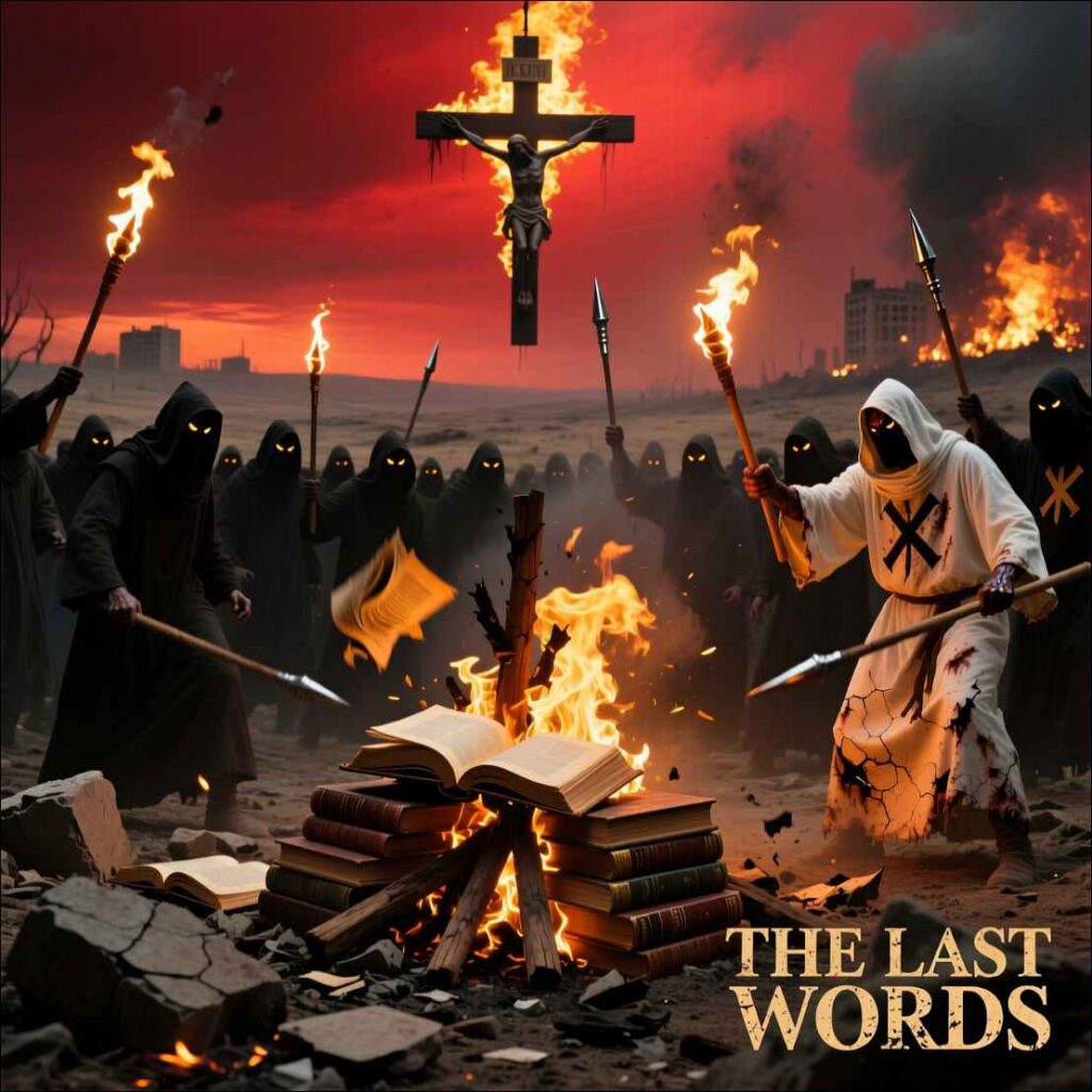 Best Atheist Books Public Libraries: Religious believers burning books in front of the burning cross. 