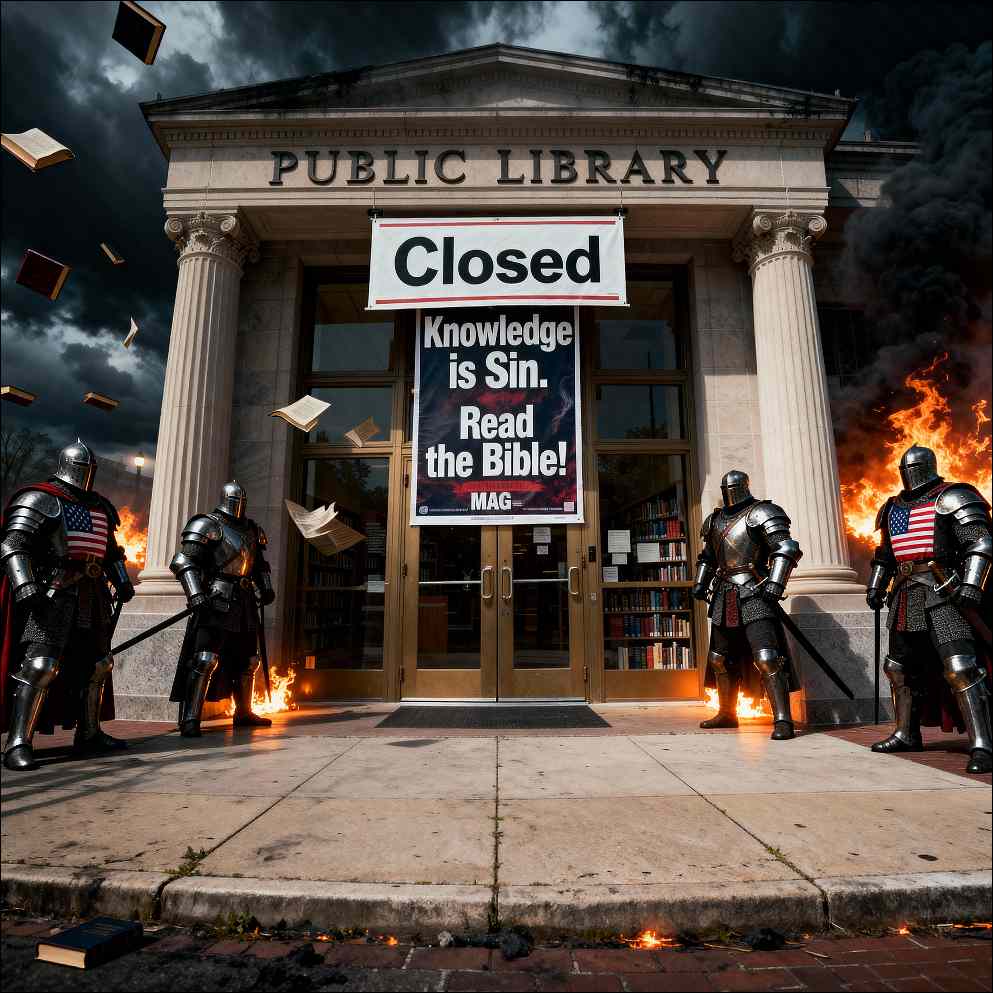MAGA medieval soldiers guard in front of the closed library. 