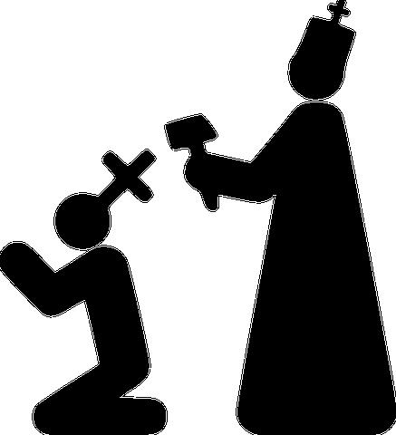 A priest is hammering a cross into believers head. 