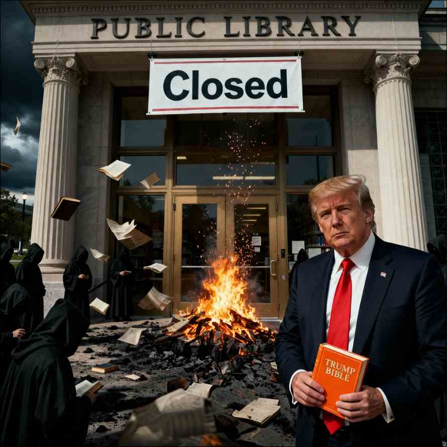 Best Atheist Books Public Libraries: Trump with his orange bible in front of the closed public library with books on fire in front of the entrance. 