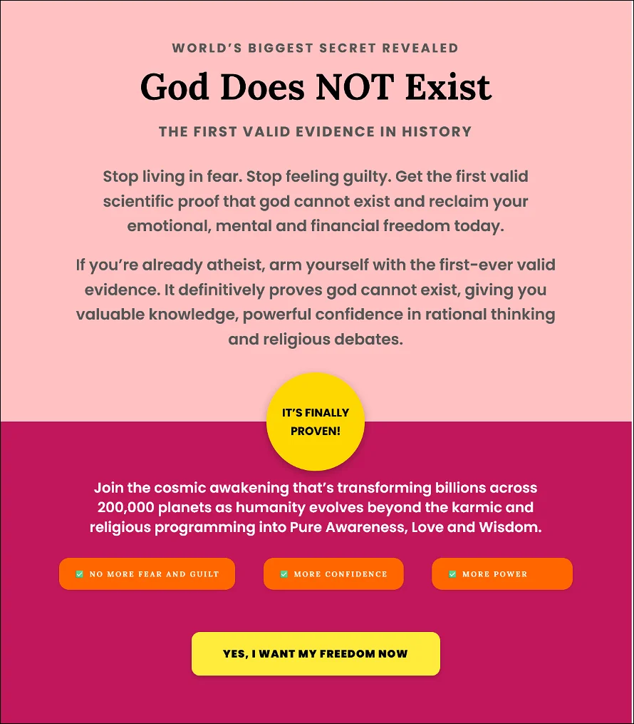 Best Atheist Webpage 2025: God Does NOT Exist home page. 