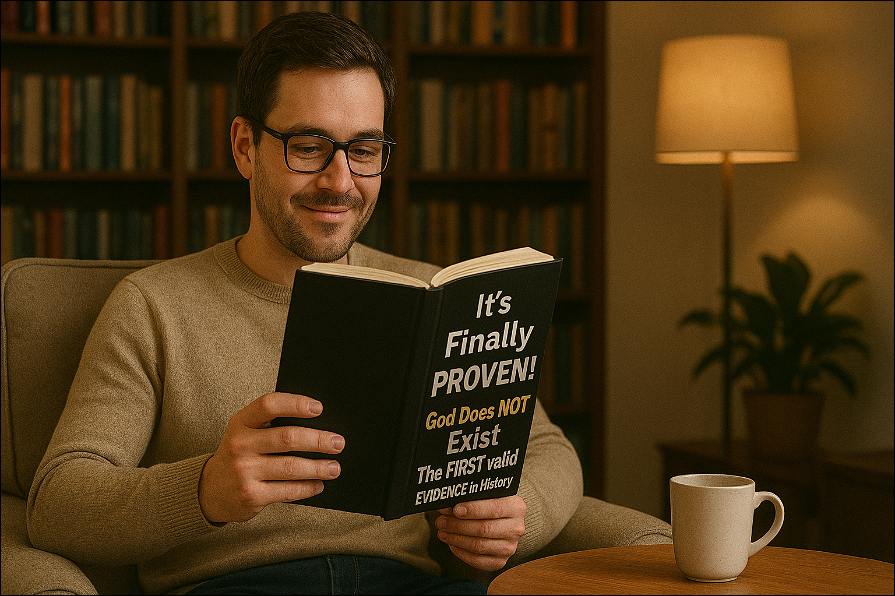 A man with glasses sitting in a living room reading a book 'It’s Finally PROVEN! God Does NOT Exist: The FIRST VALID EVIDENCE in History' by Senad Dizdarevic.