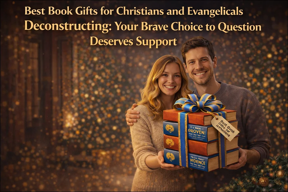 Best Book Gifts for Christians and Evangelicals Deconstructing: A couple with a book bundle gift on the snowy street smiling.