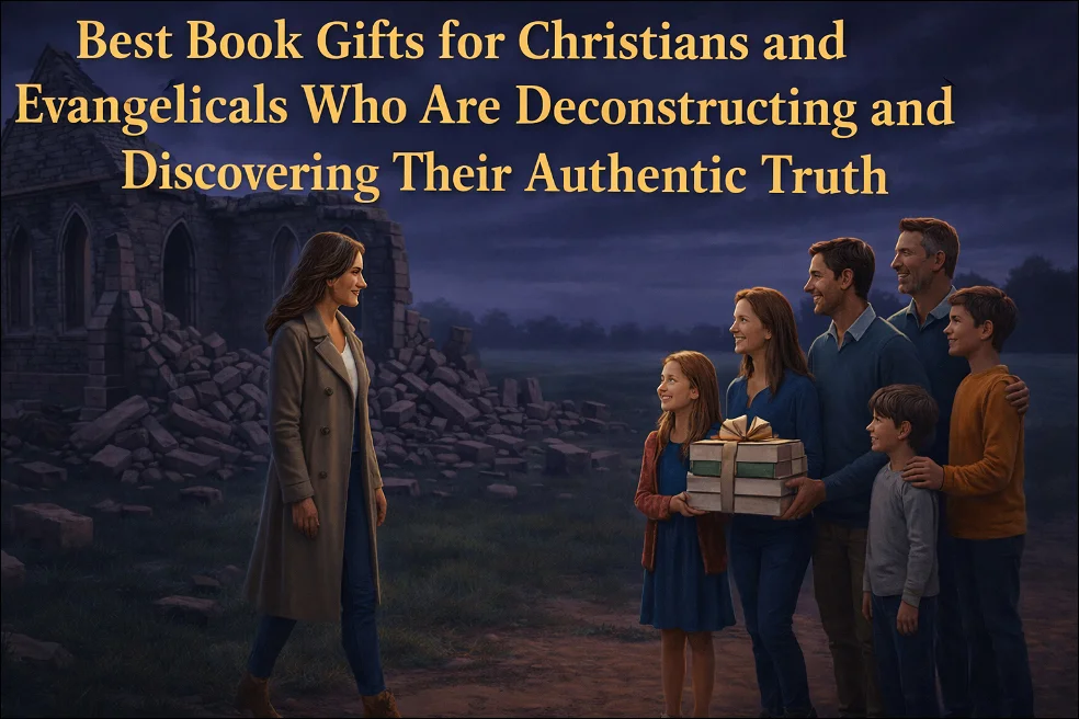 Best Book Gifts for Christians and Evangelicals Deconstructing: A woman coming from the ruins of the old church to her family with a book bundle gift.