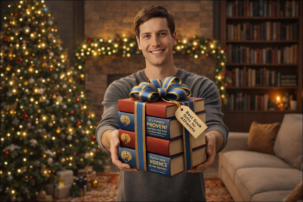 Senad Dizdarevic giving book bundle gift to readers in a decorated living room.
