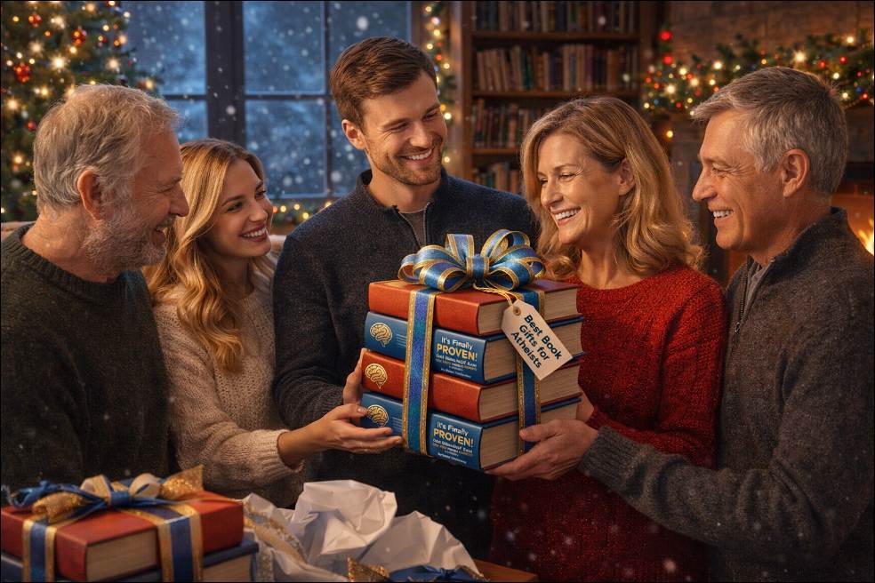 Family in the living room giving book gifts to each other. 