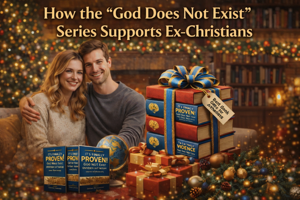 Best Book Gifts for Ex‑Christians: A couple sitting on a sofa and hugging with book gifts on the table. 