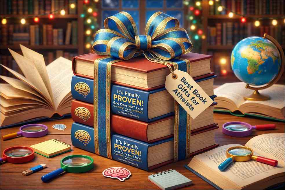 Senad Dizdarevic book series "It's Finally PROVEN! God Does NOT Exist The FIRST Valid EVIDENCE in History" book bundle on the table in a decorated room. 