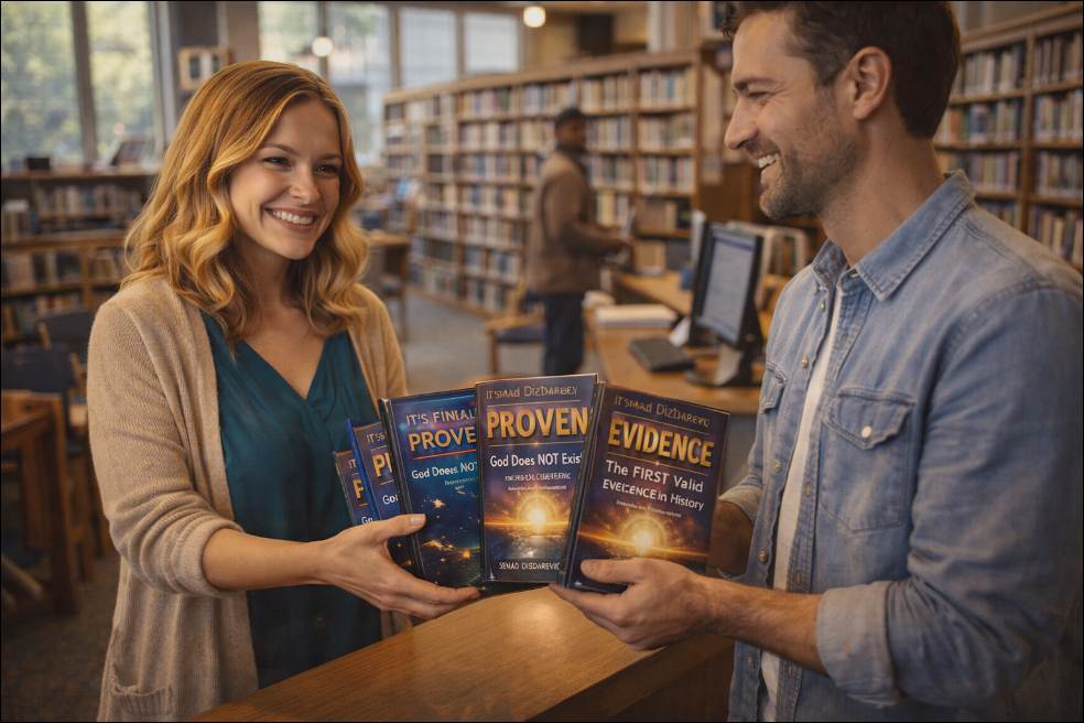 A librarian giving Senad Dizdarevic book series "It's Finally PROVEN! God Does NOT Exist The FIRST Valid EVIDENCE in History" to a patron in a library. 