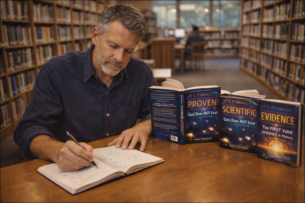 Best Book Gifts for Librarians and Libraries: A professor siting at the table in a library and studying Senad Dizdarevic book series "It's Finally PROVEN! God Does NOT Exist The FIRST Valid EVIDENCE in History".