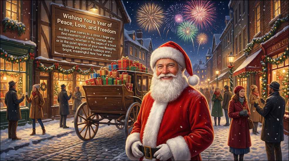 Santa with a full carriage of gifts on the snowy street full of people celebrating and fireworks in the sky. 