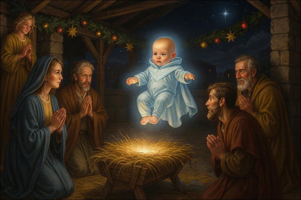 Christmas Myth for Christians and Evangelicals: Jesus baby in futuristic clothes floating in the air with people on their knees around him in a decorated stable. 