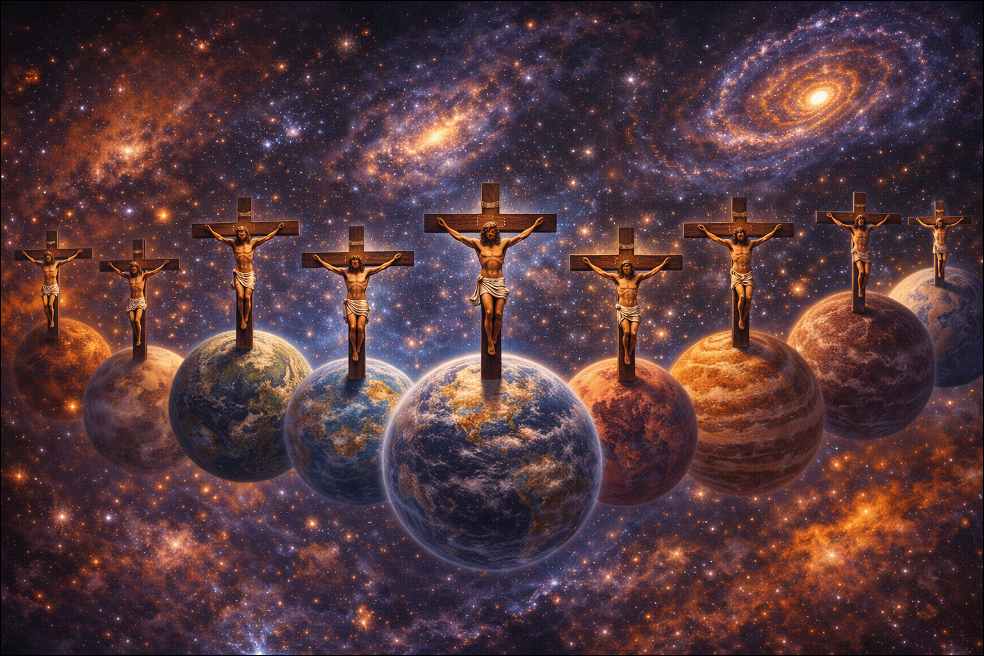 Many Jesuses on crosses on different planets in the sky. 