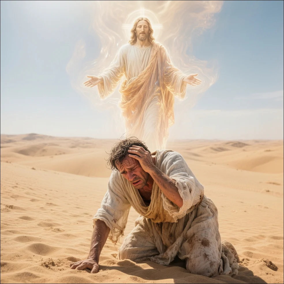 Christmas Myth for Christians and Evangelicals: Paul in desert hallucinating about Jesus who is floating in the air behind him. 