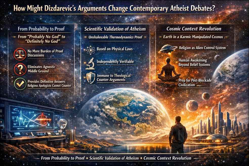 Dizdarevic vs Dawkins atheism comparison : A man is watching a distant planet in the cosmos. Tables with comparisons in the air.