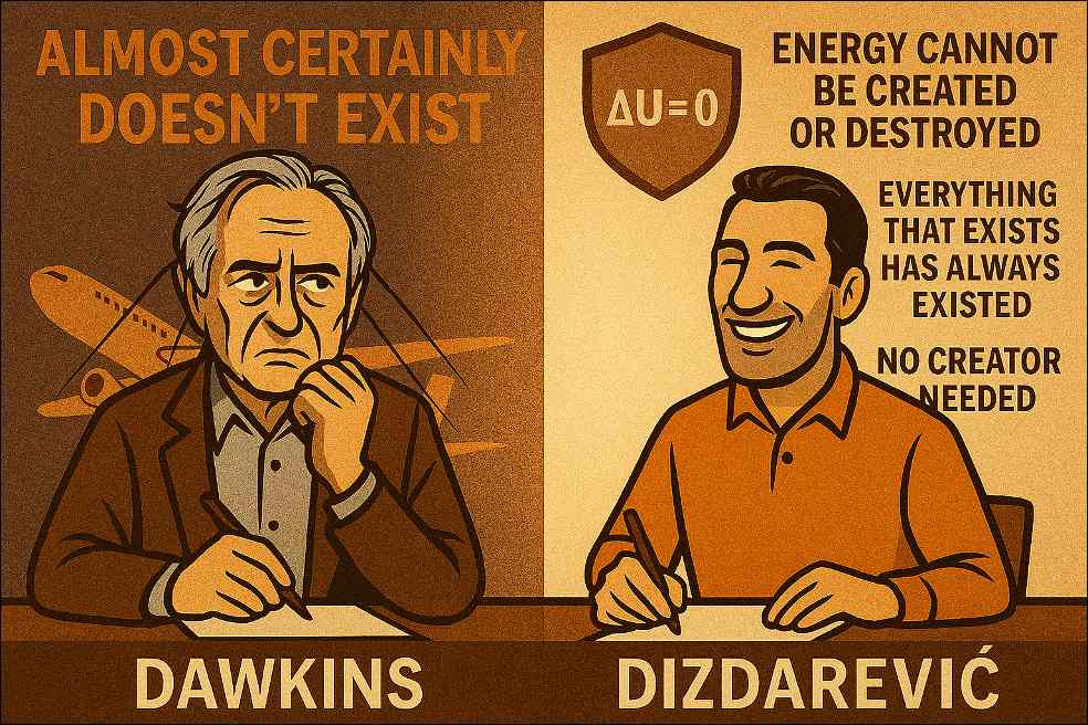 Dizdarevic vs Dawkins atheism comparison : Dizdarevic and Dawkins sitting at the table and writing, Senad smiling, Richard in doubt.
