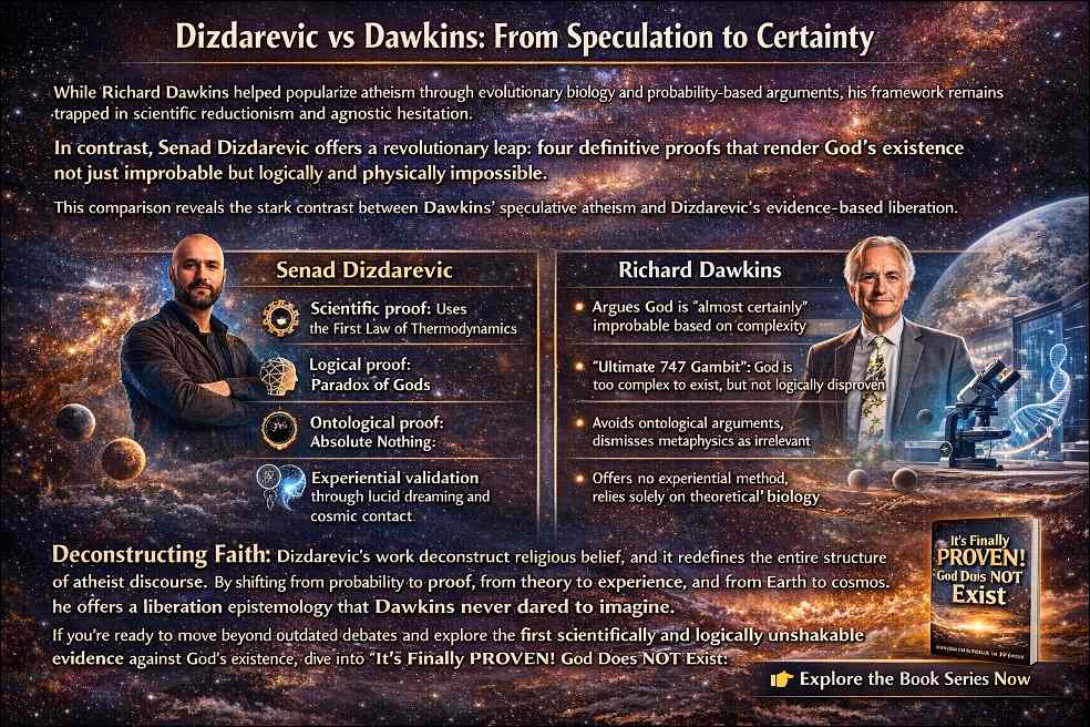 Dizdarevic vs Dawkins atheism comparison : Senad Dizdarevic and Richard Dawkins comparison charts with cosmos behind them.