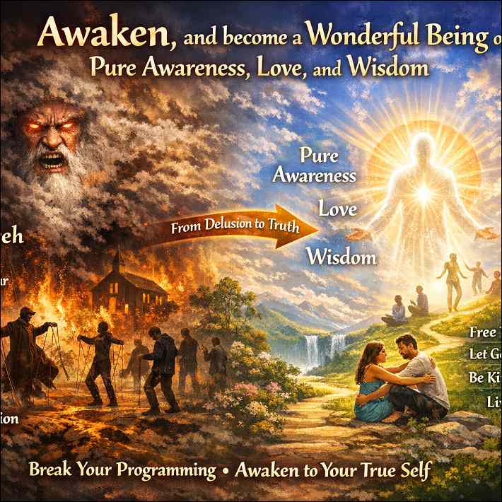 On the one side, old and lost humans, on the other, awakened in light and love. 