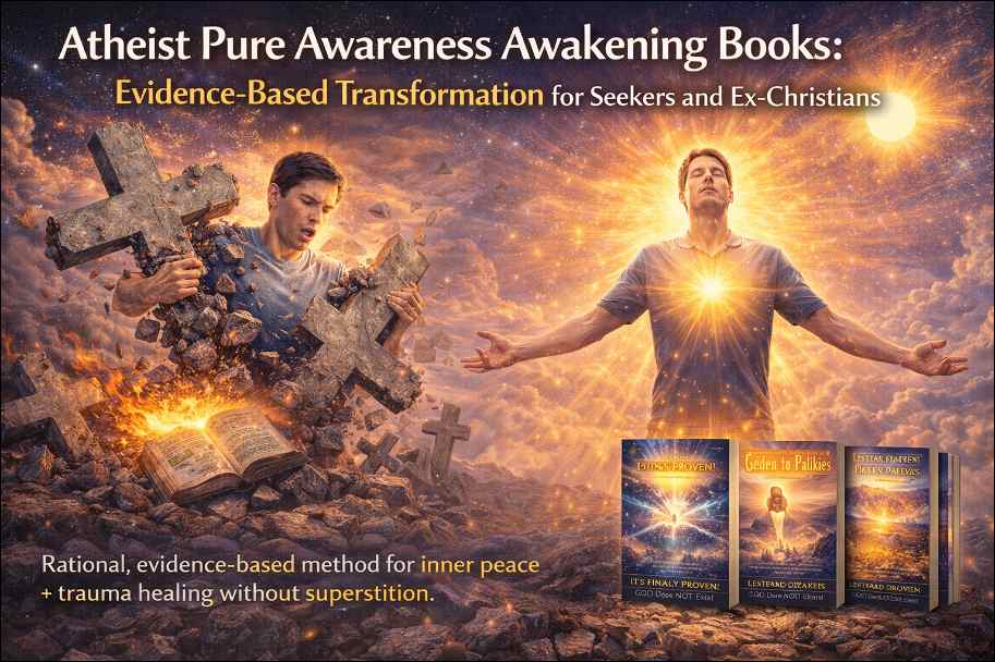 Believer throwing away crosses and transforming himself into light being. 