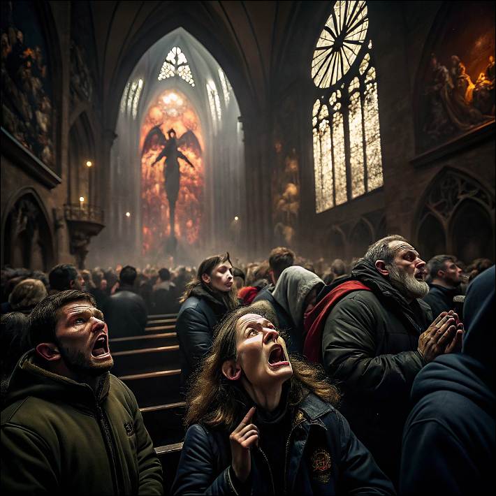 Atheist Pure Awareness awakening books: Believers in church on their knees in fear screaming. 