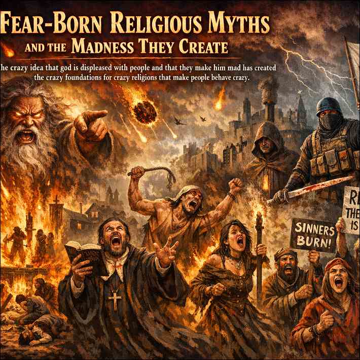 Atheist Pure Awareness awakening books: Angry god and crowd in panic fear running. 