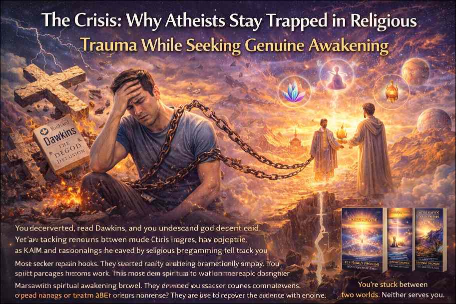 Atheist Pure Awareness awakening books: A man on chains and in worry about religion. 