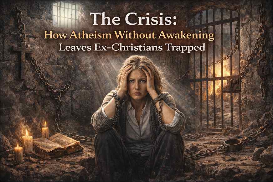 A woman in a prison in chains, sitting and worrying.