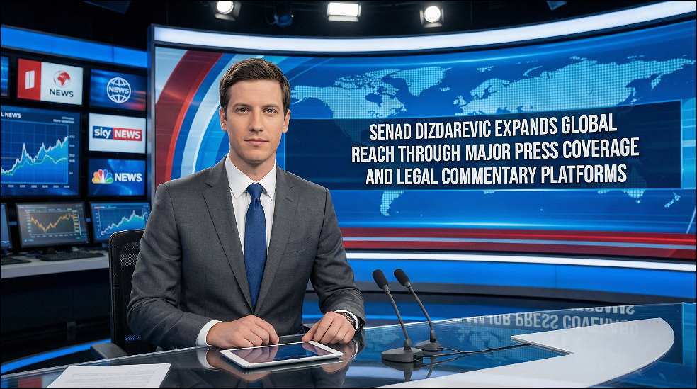 Senad Dizdarevic in news studio with monitors behind him.