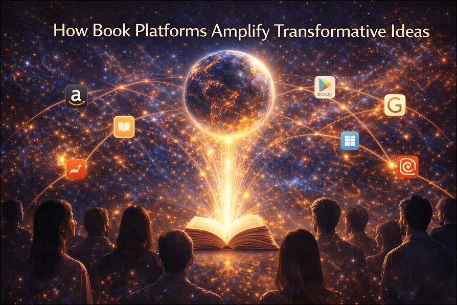 Global Book Platforms spread atheism: People standing around the book which is radiating light into Earth connecting different digital platforms.