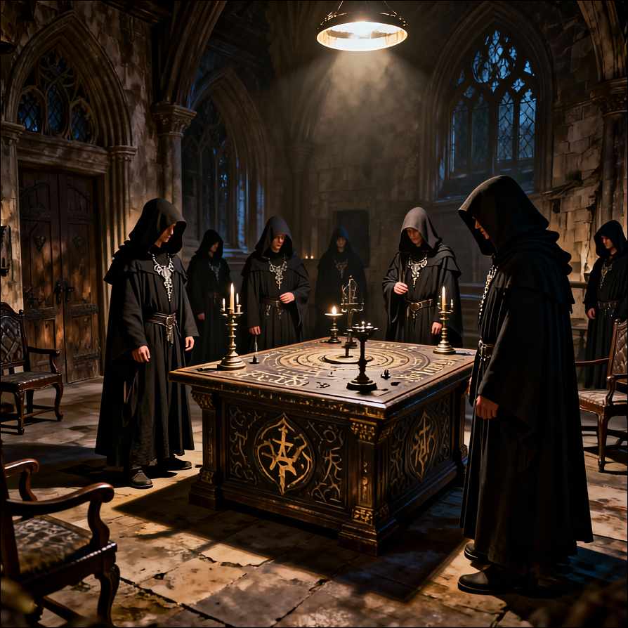 Global Book Platforms spread atheism: Evil beings in dark robes standing around the tble with magic elements.